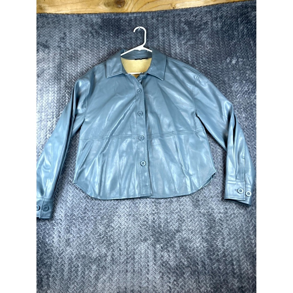7 For All Mankind Jacket Womens Medium Blue Faux Leather Fleece Lined Curved Hem